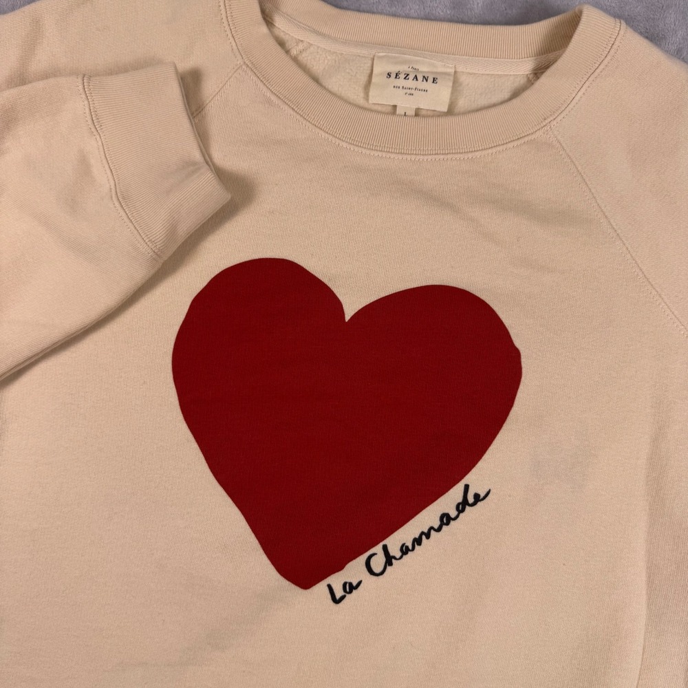 Sezane La Chamade Heart Graphic Sweatshirt Cream Beige Organic Cotton Large